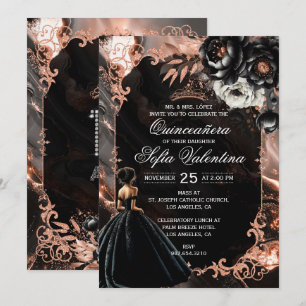 Schwarze und Roségoldene Quinceañera-Einladung Einladung