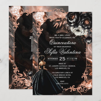 Schwarze und Roségoldene Quinceañera-Einladung Einladung