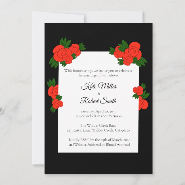Schwarze und Rosen-Hochzeitseinladungen mit RSVP Einladung (Vorderseite)