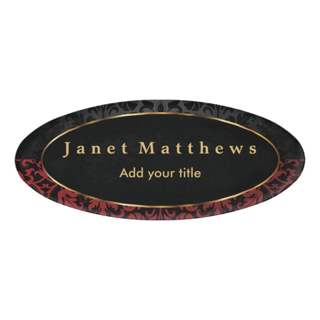 Schwarze und rote Damaskus mit Gold Trim Design 2 Namenschild (Vorderseite)