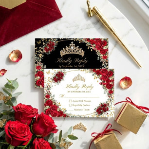 Schwarze und rote goldene Schmetterlings-Quinceañe RSVP Karte