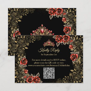 Schwarze und rote goldene Tiara Rosen Quinceañera RSVP Karte