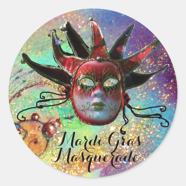 SCHWARZE UND ROTE JESTERMASSE IM Party BLAU-MASCHI Runder Aufkleber (Vorderseite)