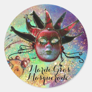 SCHWARZE UND ROTE JESTERMASSE IM Party BLAU-MASCHI Runder Aufkleber