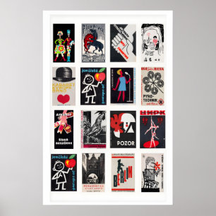 Schwarze und rote Matchbox-Etiketten-Collage, vint Poster