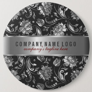 Schwarze und Silbergraue Floral-Damasken Button