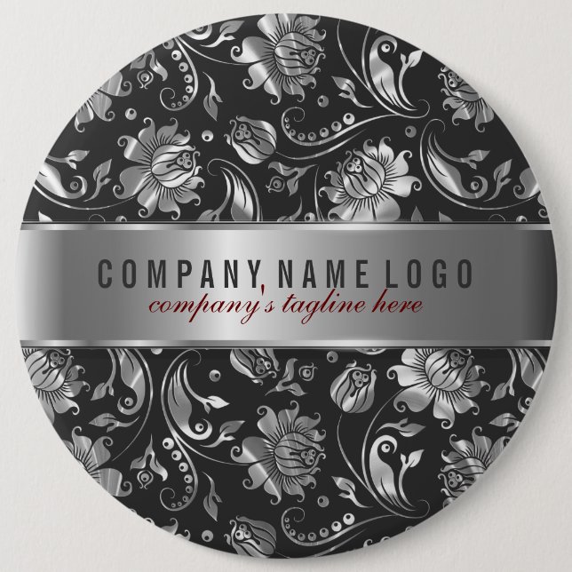 Schwarze und Silbergraue Floral-Damasken Button (Vorderseite)