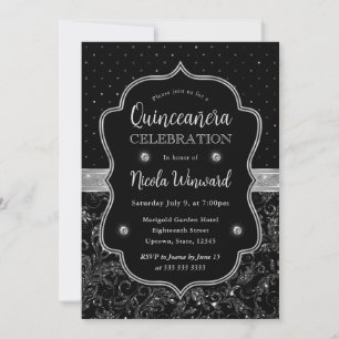 Schwarze und silberne Art Deco Glitter Quinceanera Einladung
