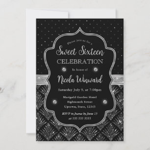Schwarze und silberne Art Deco Glitter Sweet Sixte Einladung