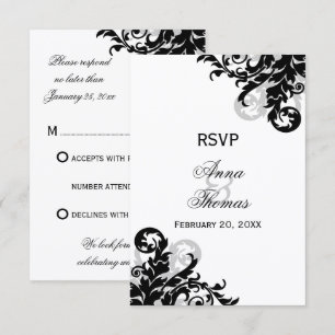 Schwarze und silberne florale Hochzeits-RSVP-Karte RSVP Karte