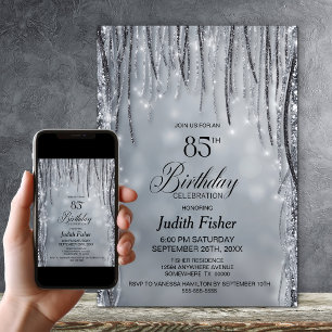 Schwarze und silberne Glitter 85. Geburtstagsfeier Einladung