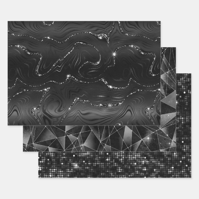 Schwarze und silberne Glitter geometrische Muster Geschenkpapier Set (Set)