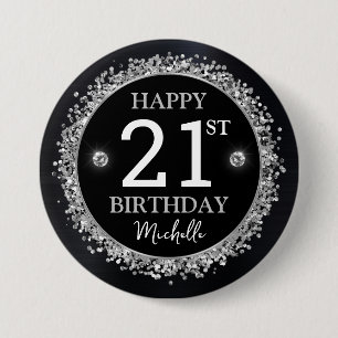 Schwarze und silberne Glitter-Konfetti-Geburtstags Button