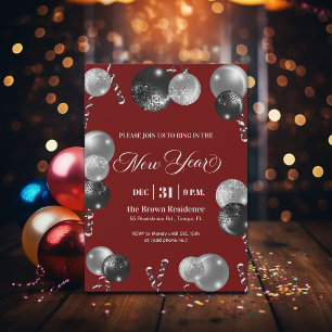 Schwarze und silberne Glitter-Silvesterparty Einladung