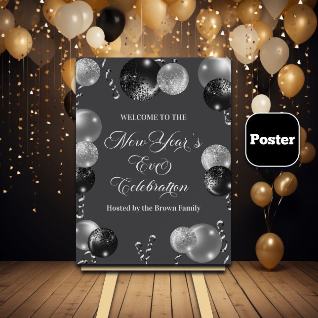 Schwarze und silberne Glitter-Silvesterparty  Poster (Von Creator hochgeladen)