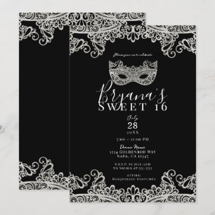 Schwarze und silberne Spitzen-Maskenparty zum 16.  Einladung