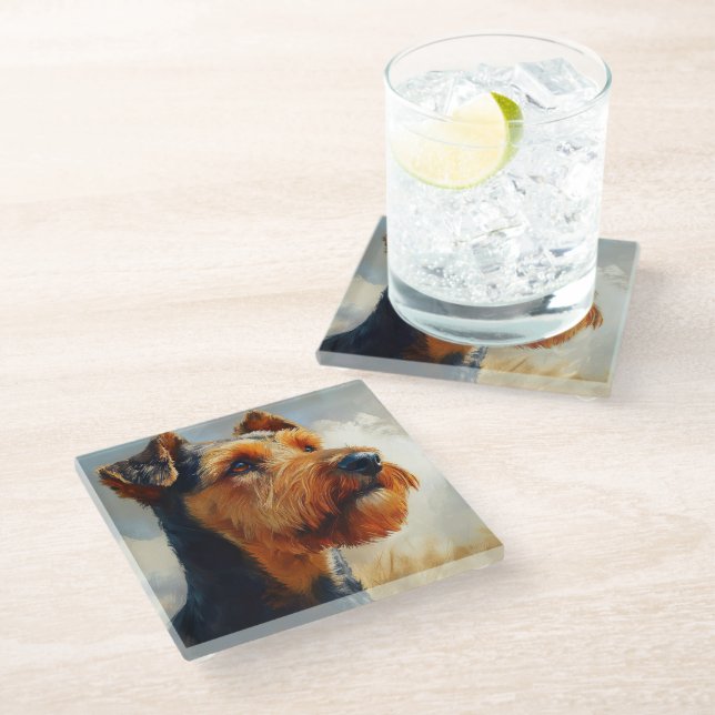 SCHWARZE UND TAN AIREDALE TERRIER HUND GLASUNTERSETZER (Schrägansicht)