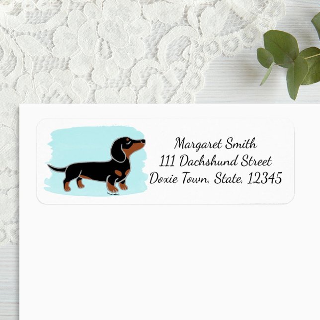 Schwarze und Tan-Dackel mit Wasserfarbe (Black and Tan Dachshund Posing Cartoon Design Return Address Label for Dachshund Owners.)