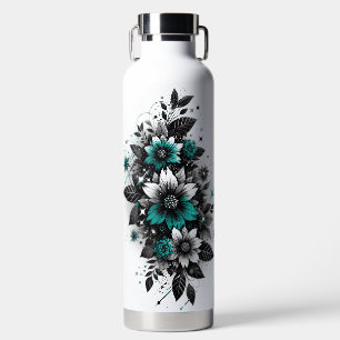 Schwarze und Türkis glitzernde Blumenmuster Trinkflasche