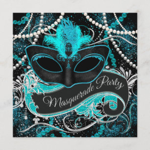 Schwarze und Türkisblaue Maskenparty Einladung