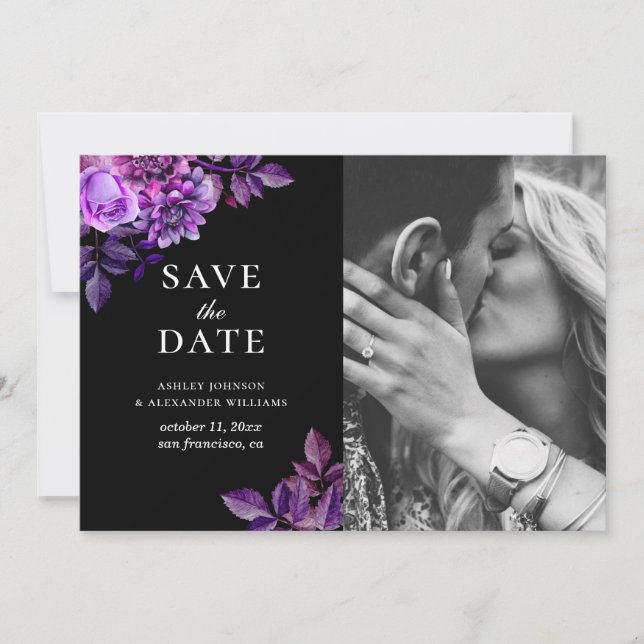 Schwarze und violette Blumen. Foto Lilac Save The Date (Vorderseite)
