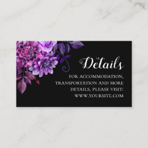 Schwarze und violette Blumen Hochzeitsdetails. Inf Begleitkarte