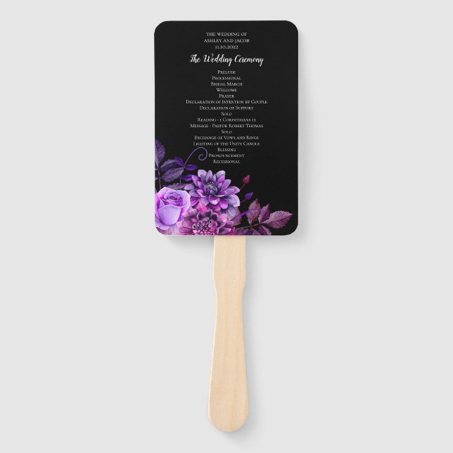 Schwarze und violette Blumen. Hochzeitskalender Fächer (Vorderseite)