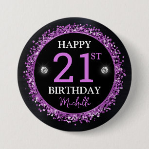 Schwarze und violette Glitter-Konfetti-Geburtstags Button
