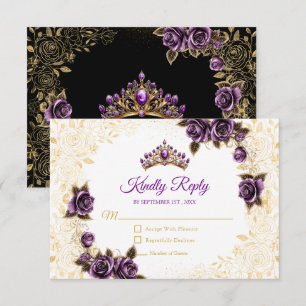 Schwarze und violette goldene Tiara-Rosen Quinceañ RSVP Karte