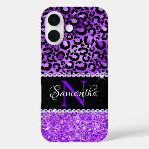 Schwarze und violette Leoparden-Flecken Glam Monog iPhone 16 Hülle