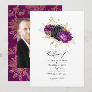 Schwarze und violette Vintage-Blumenhochzeit Einladung
