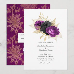 Schwarze und violette Vintage-Blumenhochzeit mit Q Einladung