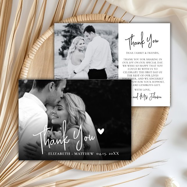 Schwarze und Weiße 2-Foto-Script-Hochzeit  Dankeskarte (Von Creator hochgeladen)