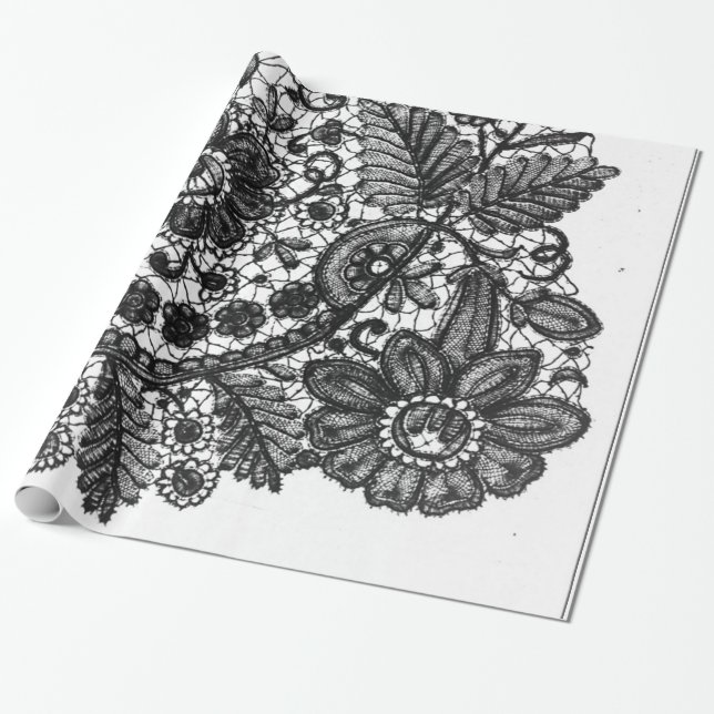 SCHWARZE UND WEISSE ANTIQUE LACE PATTERN GIFT WRAP GESCHENKPAPIER (Ungerollt)