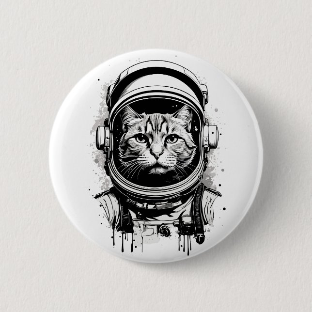 Schwarze und weiße Astronautenkatze Button (Vorderseite)