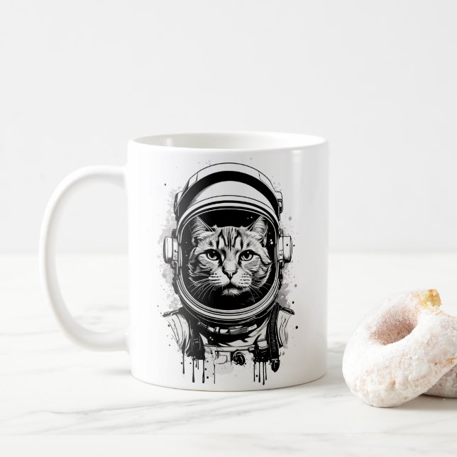 Schwarze und weiße Astronautenkatze Kaffeetasse (Mit Donut)