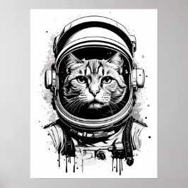 Schwarze und weiße Astronautenkatze Poster