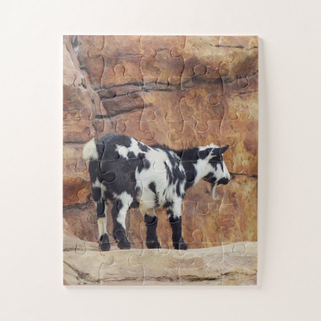 Schwarze und weiße Bergziege auf Felsen Puzzle (Vertikal)