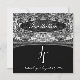 Schwarze und weiße Damast-Monogramm-Hochzeitseinla Einladung