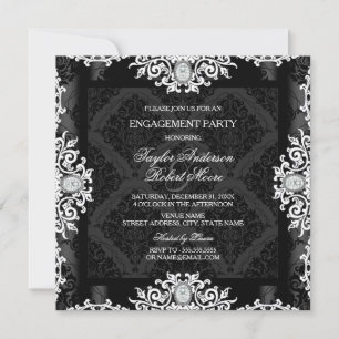 Schwarze und weiße Diamant-Damaskus-Hochzeitsfeier Einladung