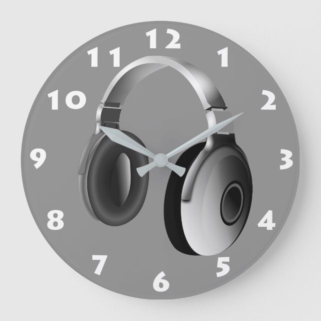 SCHWARZE UND WEISSE DJ-KOPFHÄNGE MIT WEISSEN ZAHLE GROßE WANDUHR (Vorderseite)