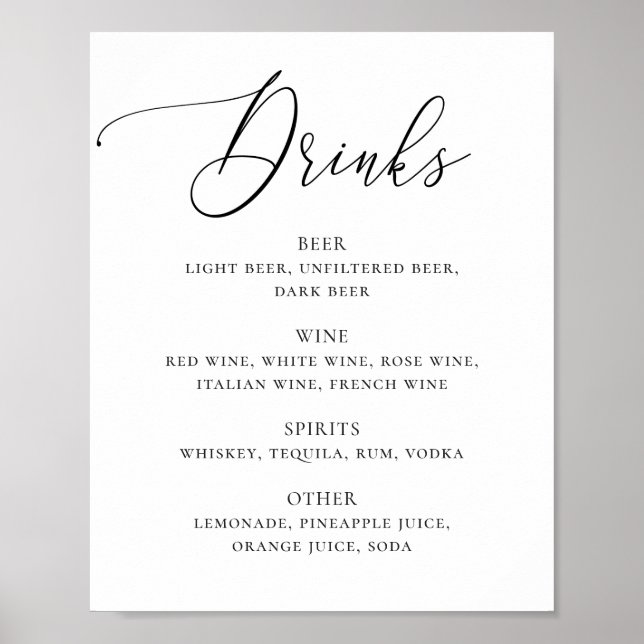 Schwarze und weiße elegante Skript-Hochzeitsgeträn Poster (Vorne)
