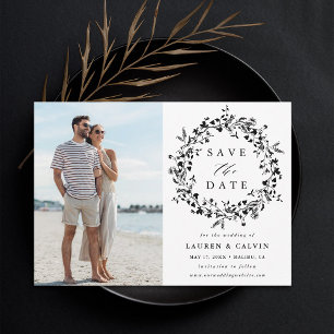 Schwarze und weiße elegante Wildblumen-Hochzeitsfo Save The Date