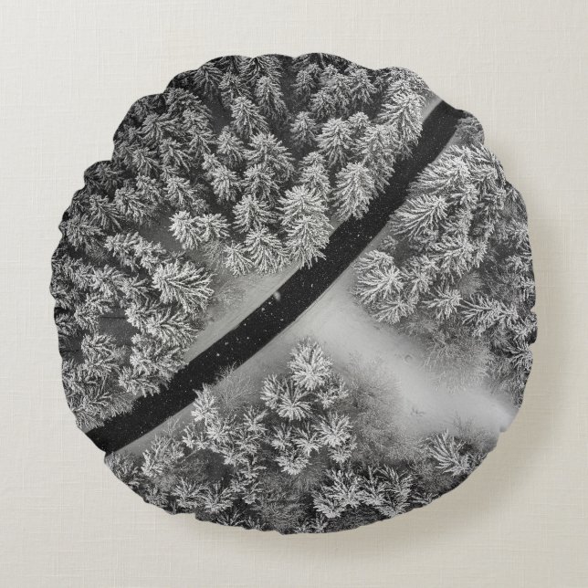 SCHWARZE UND WEISSE FLÄCHENGEBIETE RUG RUNDES KISSEN (Vorderseite)