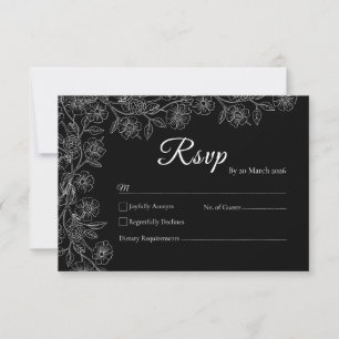 Schwarze und weiße florale Line-Art-Hochzeits-RSVP RSVP Karte