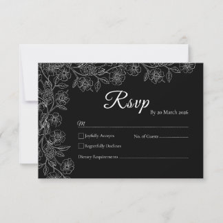 Schwarze und weiße florale Line-Art-Hochzeits-RSVP RSVP Karte