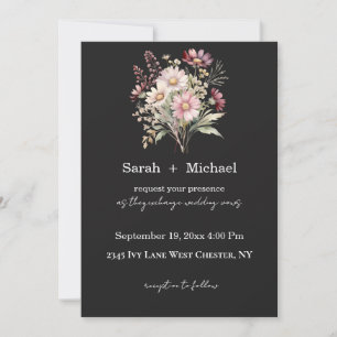 Schwarze und weiße Frühlings-Blumen-Hochzeitseinla Einladung