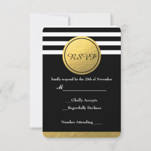 Schwarze und weiße gestreifte goldene Folien-Rund- RSVP Karte