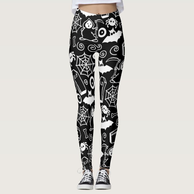 SCHWARZE UND WEISSE HALLOWEEN DOODLES LEGGINGS (Vorderseite)