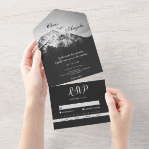 Schwarze und weiße Hochzeit unter den Bergen All In One Einladung